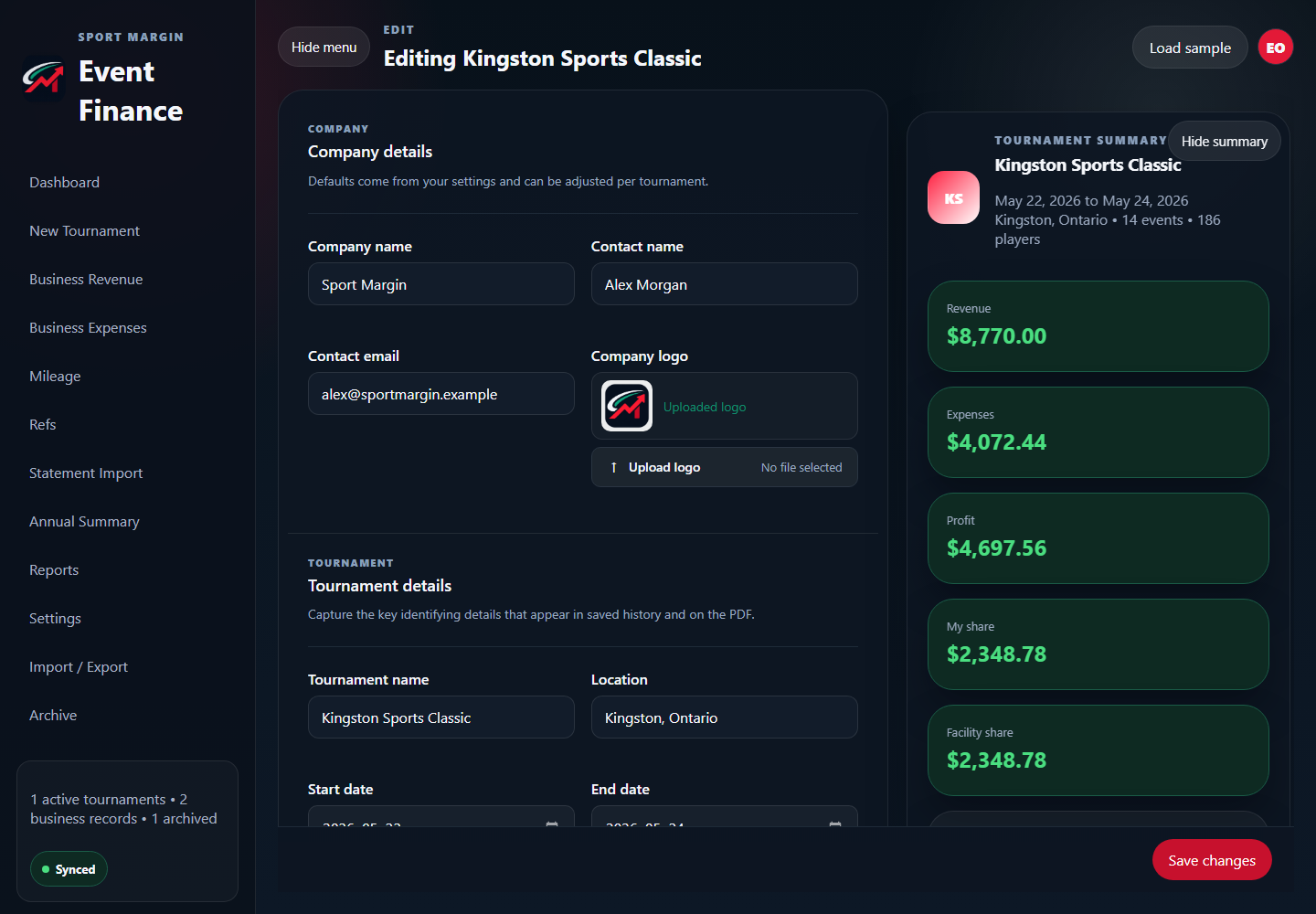 Sport Margin event setup screen showing a calculated facility share of $2,348.78.
