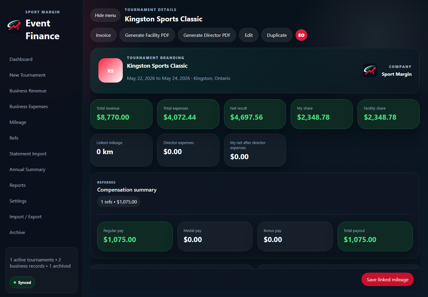 Sport Margin tournament detail showing a $1,075.00 referee payout.